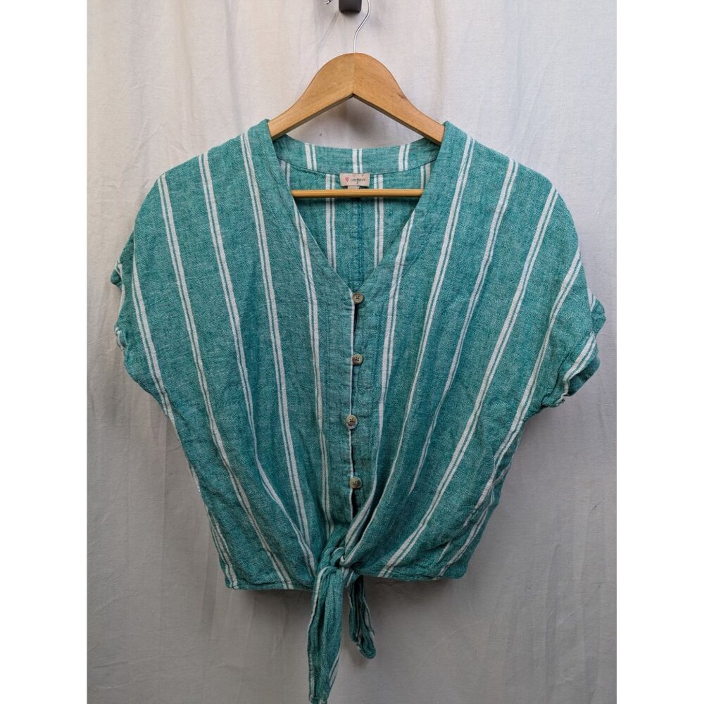 Cremieux Women's Linen Blend Teal Green Striped Dolman Sleeve Tie Blouse Sz XS
